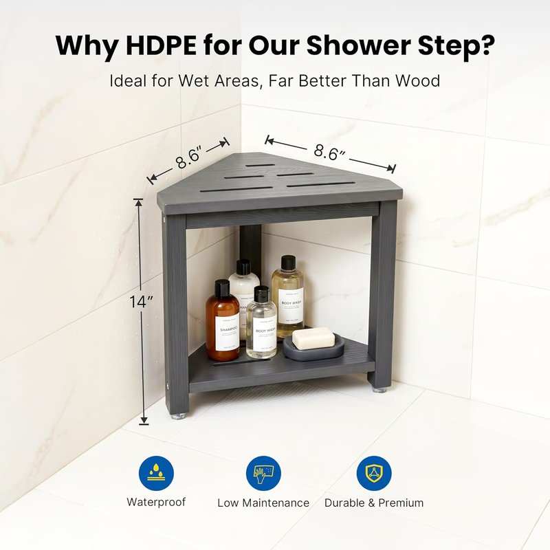 Shower Foot Rest - 14-Inch Waterproof Corner Stool for Shaving Legs | Compact Bathroom Step with Storage Shelf