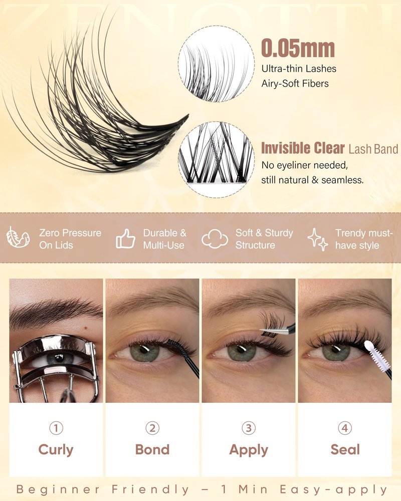 Natural Lash Clusters Spider Lashes Cluster Breeze Wispy Cluster Eyelash Extensions Venus Individual Lashes with Invisible Clear Band DIY Lash Extension for Lash Beginners 8-16mm D Curly by zenotti