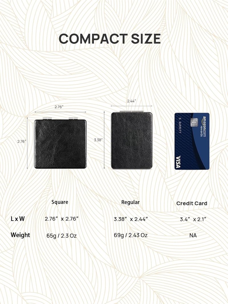 OMIRO Compact Mirror - Ultra Portable PU Leather with 1X/3X Magnification | 2.4" W x 3.4" L (Black)
