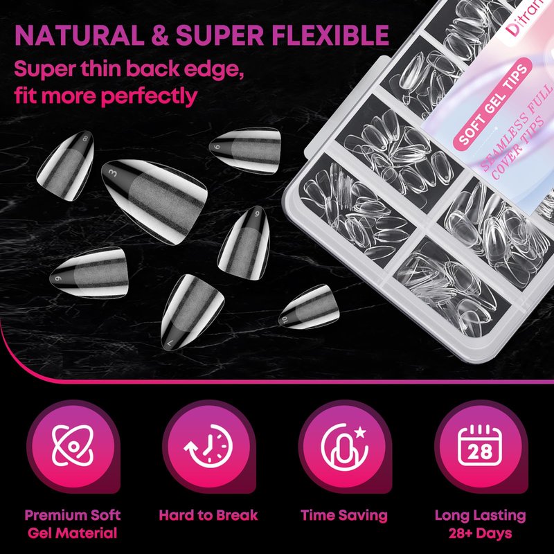 Almond Soft Gel Nail Tips, 240Pcs Pre Etched Clear Fake Nails Short Almond Shape, 12 Sizes Half Matte Full Cover Acrylic Press on Flase Tip Nail for Extension Nail Manicure Home DIY with Box