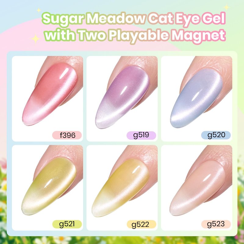 Beetles Cat Eye Gel Nail Polish Set - Sugar Meadow 6 Colors Summer Cat Eye Pastel Gel Polish Kit Glitter Pink Purple Green Blue Orange Peach Yellow Magnetic Soak Off UV Manicure Gift for Women