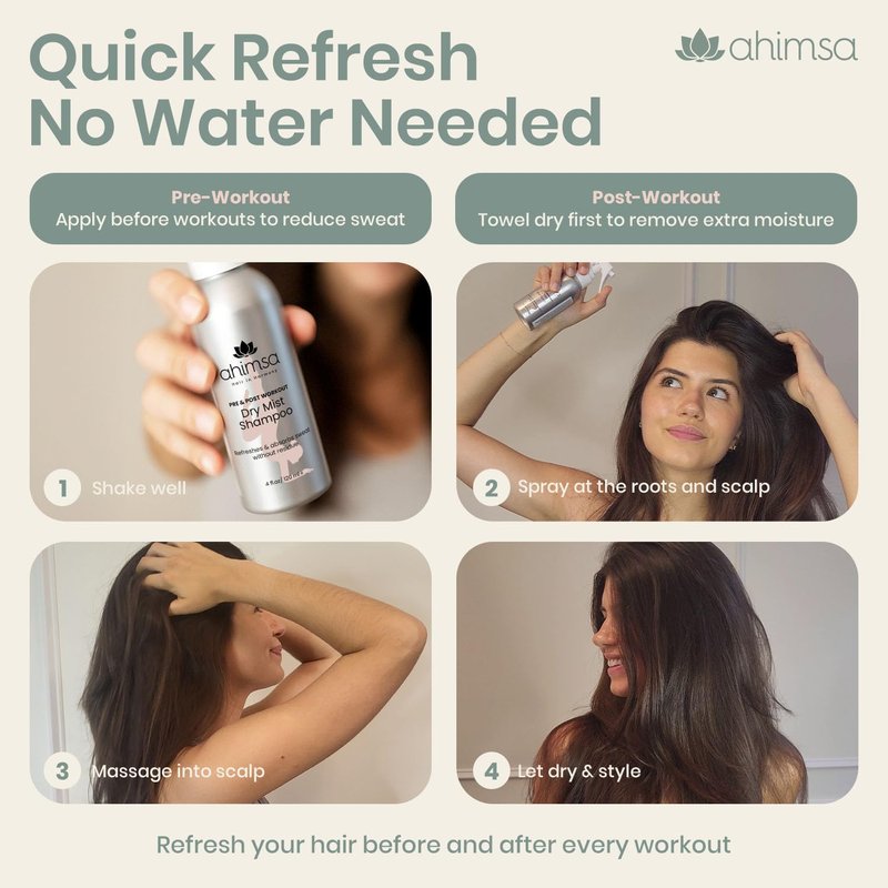 Ahimsa Non-Aerosol Dry Shampoo Mist - Jasmine Scent | 4oz, No White Residue, Vegan Formula for Post-Workout Refresh