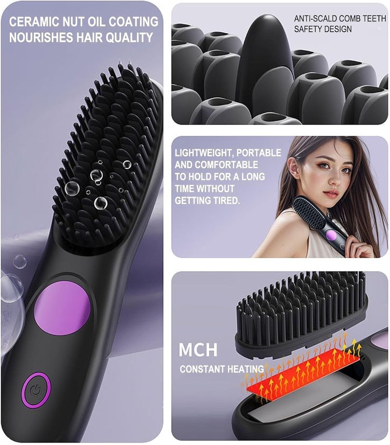 Go Brush Pro,2026 New Cordless Straight Hair Brush, Portable Scald-Proof mini Straight Hair Comb with Three Temperature Settings and LED Display Screen, Quickly Heating Travel Hair Brush (Dark Black)
