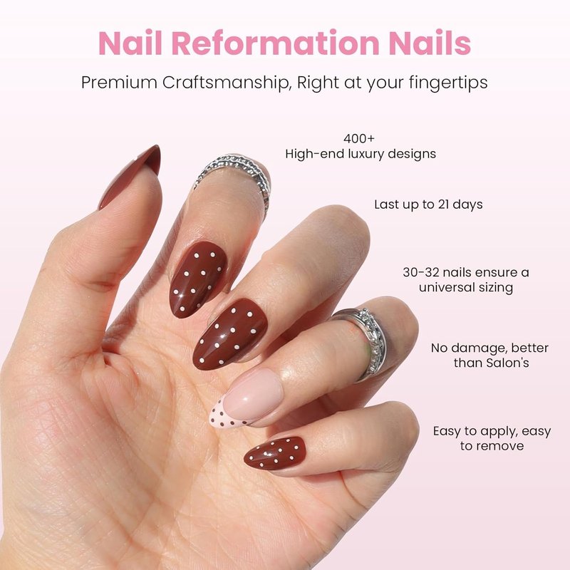 Press On Nails - Chocolate Sprinkle Polka Dot Short Almond | Reusable French Tip Glossy Finish, 16 Sizes - 32 Nail Kit for Women