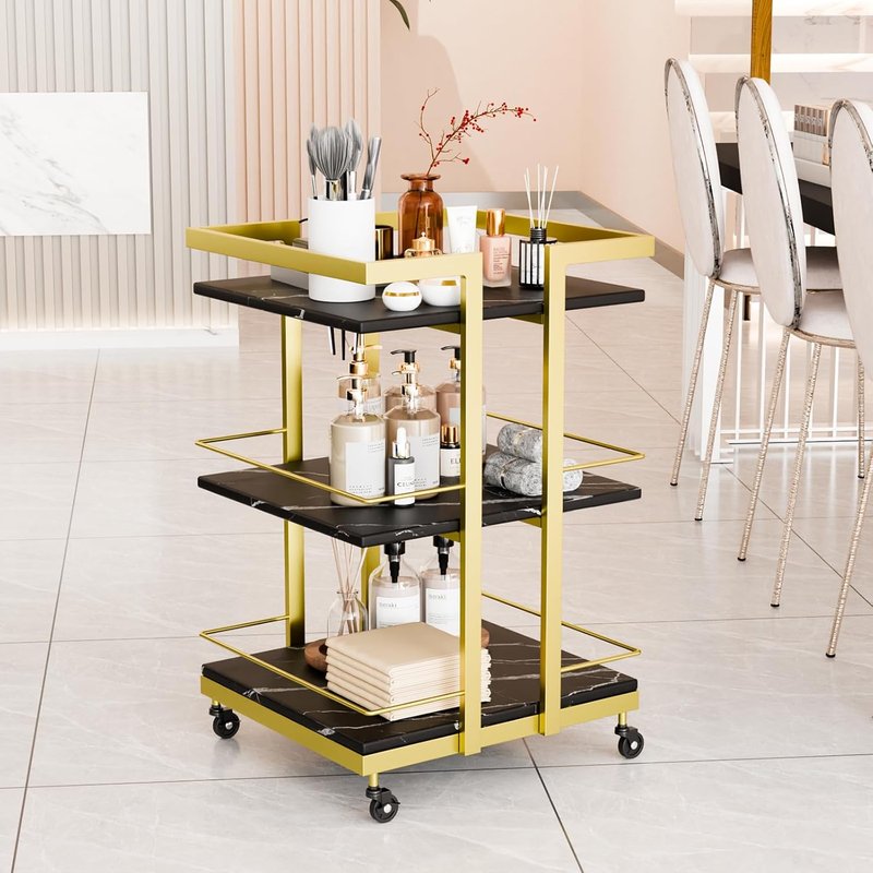 Esthetician Cart with Wheels Utility Salon Rolling Trolley, Black Gold Mobile Storage Organizer for Beauty Spa Cosmetology Massage, Tattoo Manicure Facial Tool Holder Station