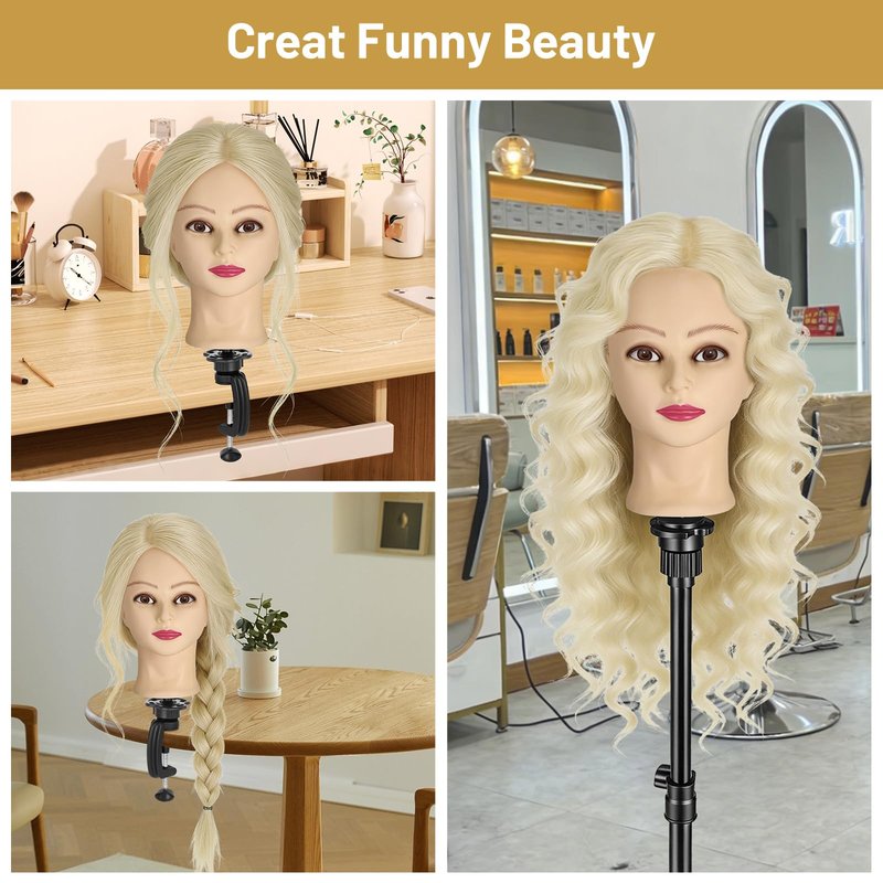 Mannequin Head with 90% Human Hair, 24" Hair Doll Head for Cosmetology & Hairdresser,Real Hair Manikin Doll Styling Head,Hairdressing Training Braiding Head with Table Clamp+Styling Set