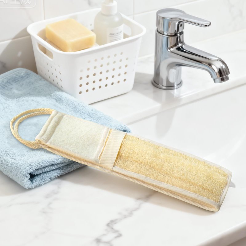 Exfoliating Back Scrubber for Shower, Dual-Sided Design Bath Sponge with Handles, Long Natural Loofah Exfoliator for Men and Women, Deep Skin Exfoliation, 1 Pack