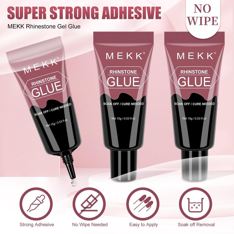 MEKK Rhinestone Glue for Nails,15g Super Strong No Wipe Nail Charm Glue for Crystals,Beads,Charms,Diamonds & Gems,Cure Needed 3D Gel for Nail Art