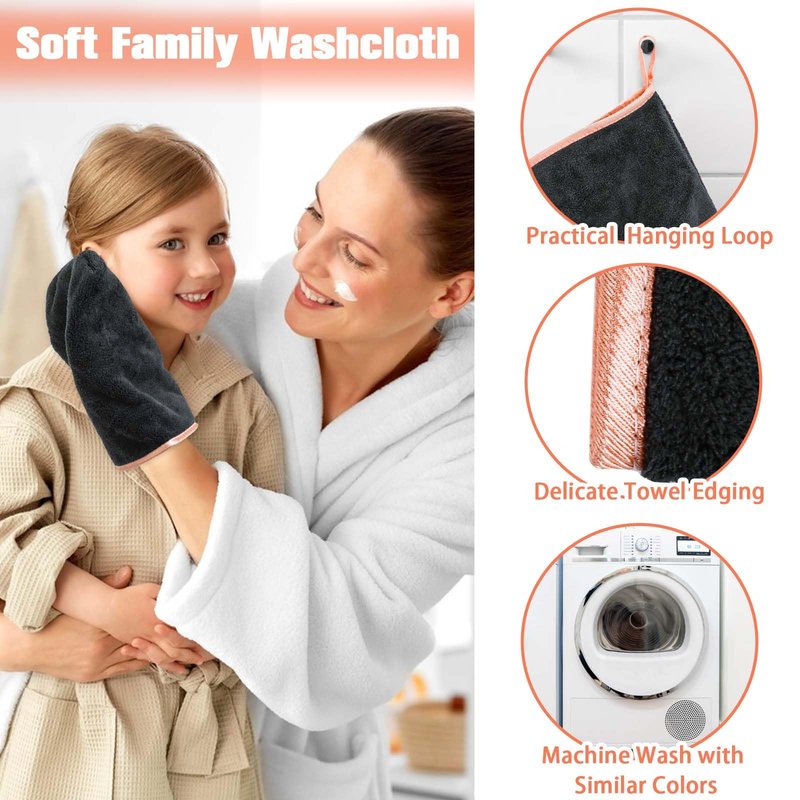 PHOGARY 8 Pack Microfiber Wash Mitts for Face Body, Super Soft Absorbent Coral Fleece Facial Cloths Bath Shower Mitt, Reusable Makeup Remover Washcloths, Black, 6x9in