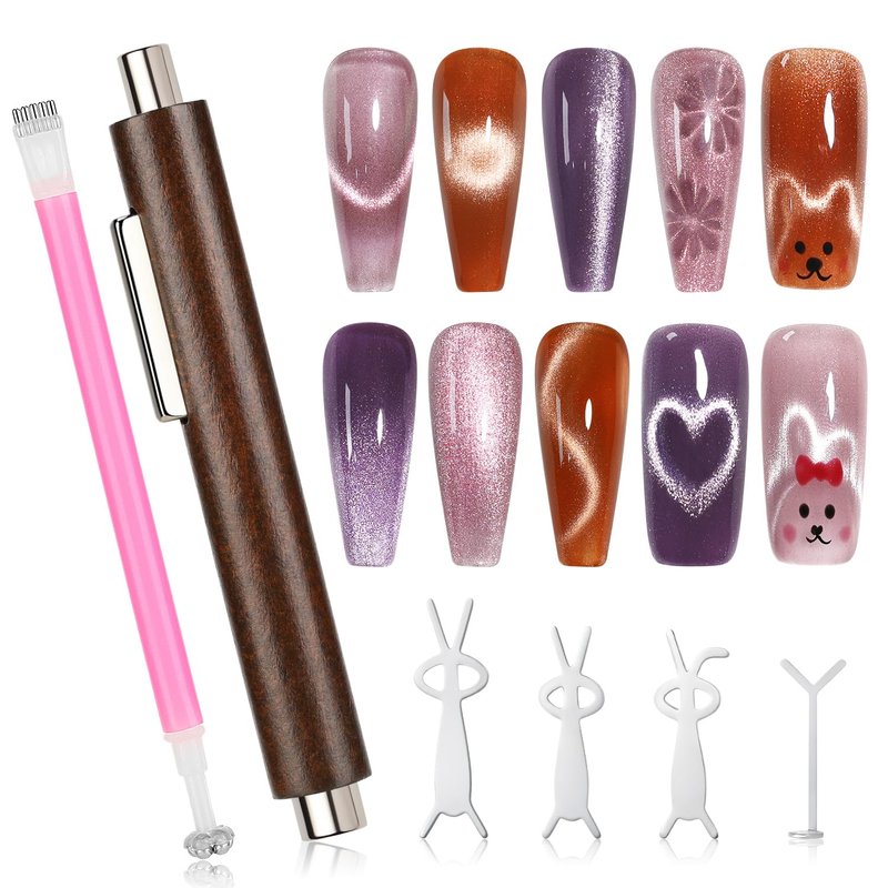 AIMEILI Cat Eye Nail Art Magnet Set - Strong 3-in-1 Wooden Handle with Flower, French & Heart Designs
