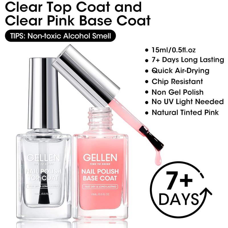GELLEN Clear Nail Polish | Sheer Pink Tinted Base & No Wipe Top Coat for Strengthening Natural Nails