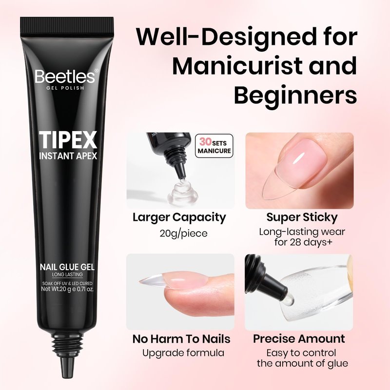 Beetles Tipex Nail Glue Gel 2 Pcs 20g, Super Strong Hands-Free Solid Nail Glue for Tipex Instant Apex Nail Tips, Professional Beginner-Friendly, U V Light Required