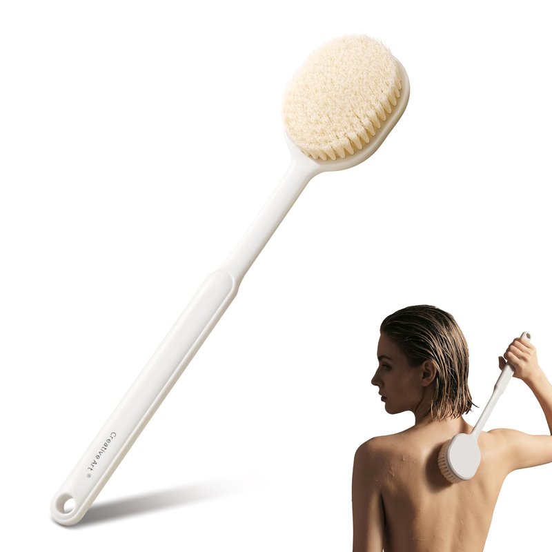 Back Scrubber for Shower for Women Men, Body Brush with Long Handle, Exfoliating Bath Washer with Soft Bristles, Body Exfoliator for Wet or Dry Brushing, Back Scrub Deep Cleaning, White