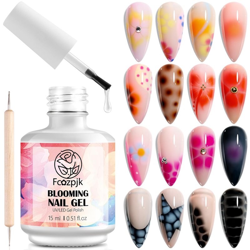 Fcozpjk Nail Blooming Gel, 15ML Clear Blooming Gel Polish for Spreading Effect with 1PCS Dotting Pen Watercolor Flowers Marble Ombre Aura Nail Design Home Manicure Salon Supplies Soak Off UV/LED Cure