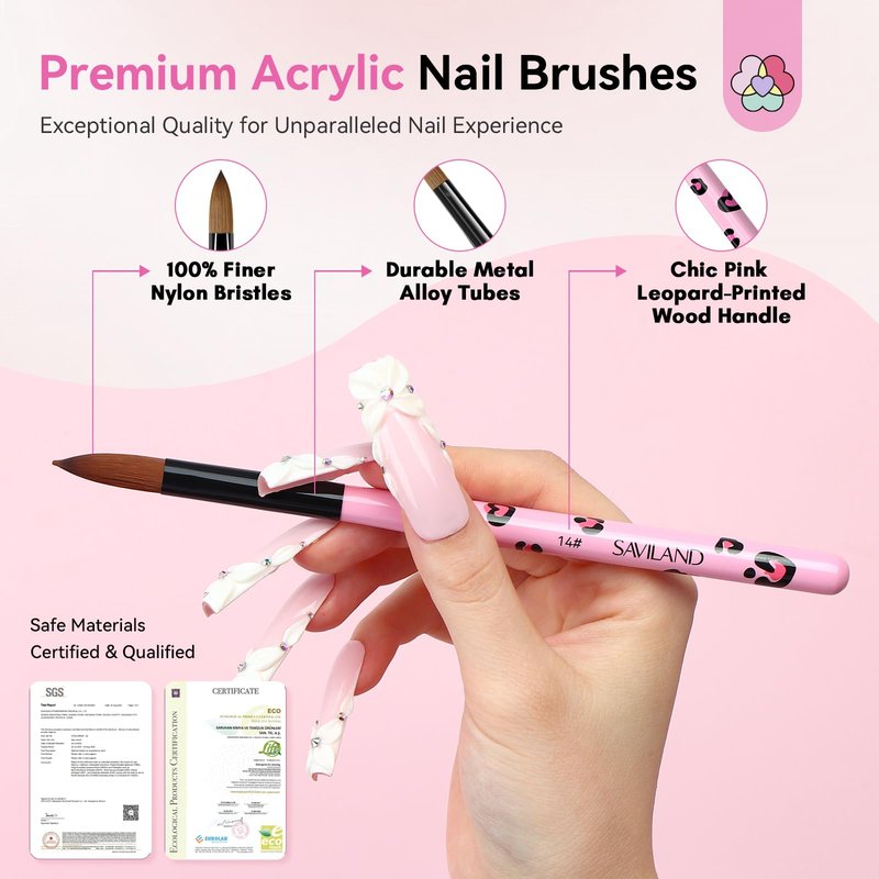 SAVILAND Acrylic Nail Brush Set: 3 Pcs Acrylic Brushes for Nails, Size 8/10/14 Professional Nail Art Brushes for Acrylics Powder Application, Acrylics Kit Set for Nails Extension 3D Caving DIY
