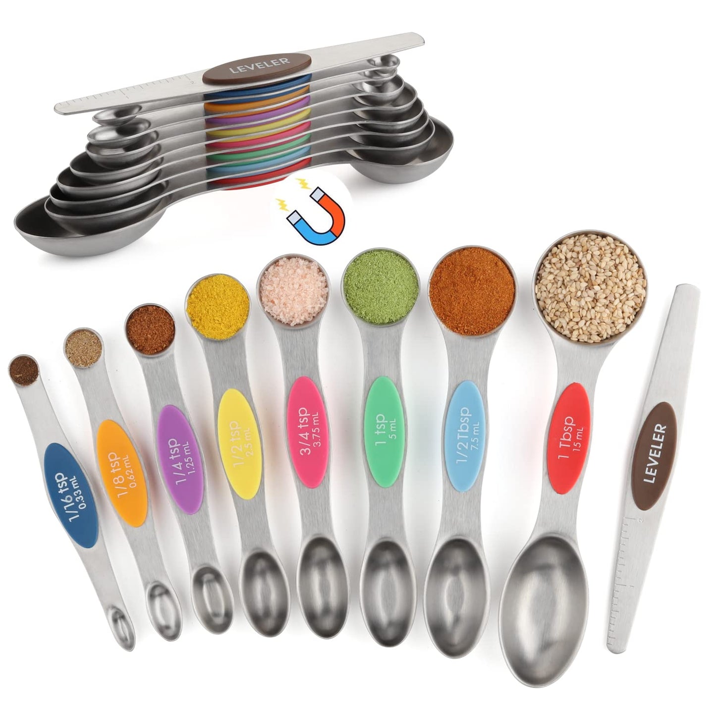Magnetic Measuring Spoons Set of 9 Dual Sided Stainless Steel Measuring Spoons Stackable Nesting Tablespoon Teaspoon, Fits in Spice Jars, for Dry or Liquid Ingredients