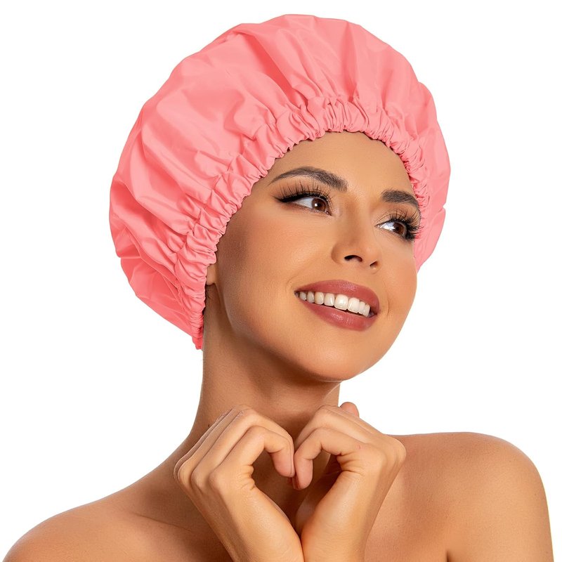 Reusable Shower Cap for Women - Large Waterproof Hair Bonnet with Elastic Band | Ideal for Long, Curly Hair, Braids - Orange Pink
