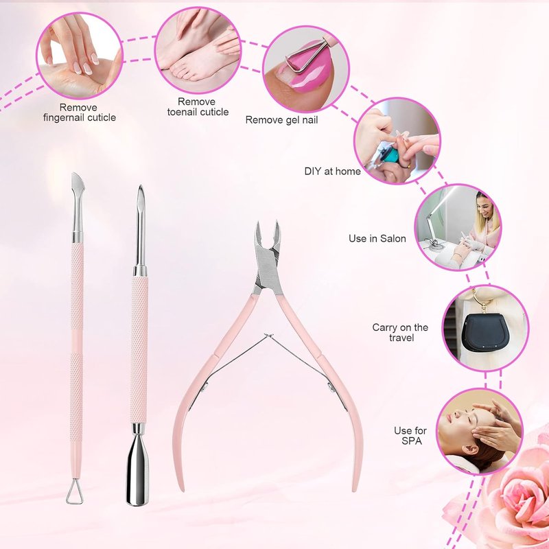 Makartt Cuticle Trimmer Set - Professional 3 PCS Pink Nail Tools with Stainless Steel Dual End Pusher | Manicure & Pedicure Essentials