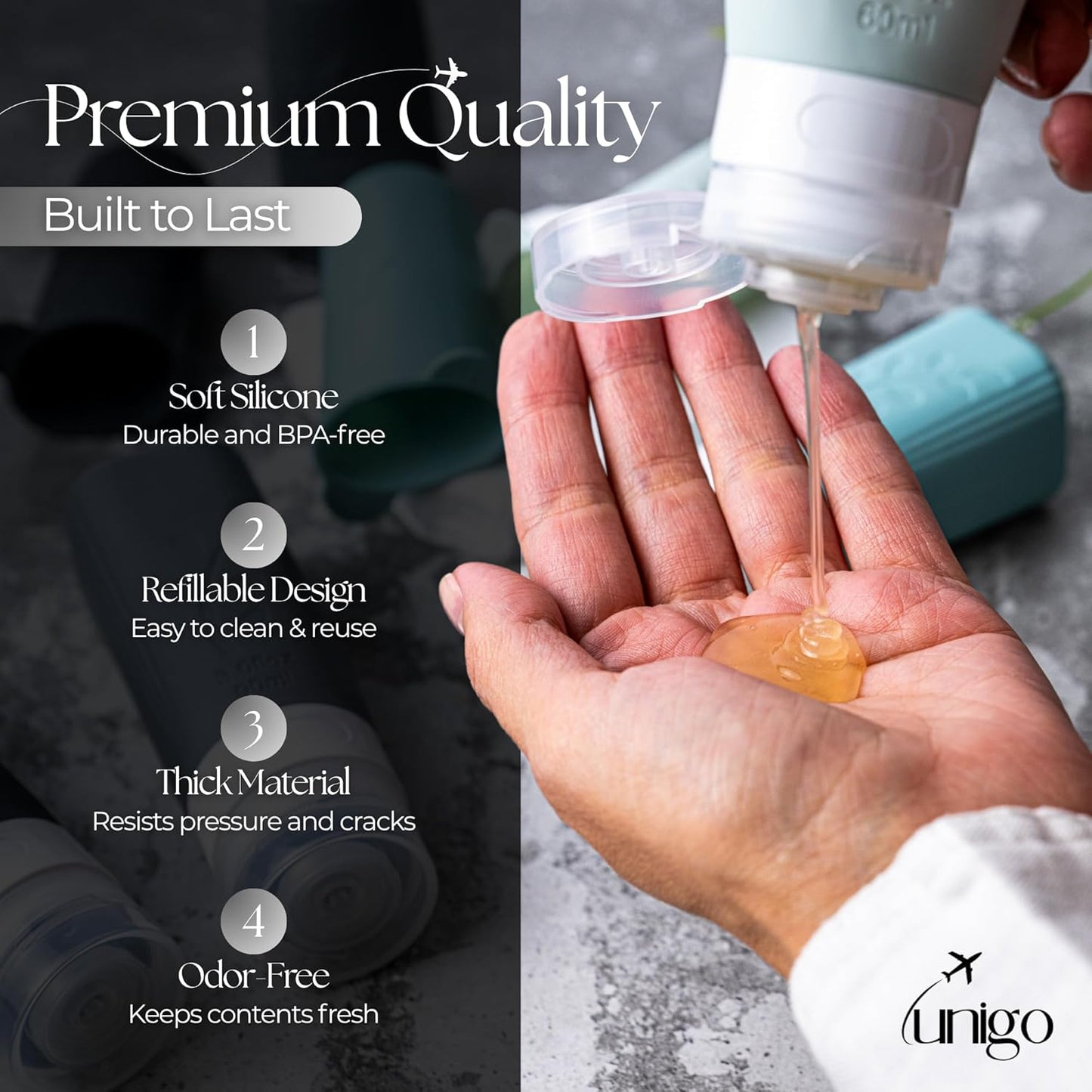 Unigo Travel Bottles Set - 30 Pack Leakproof Refillable Toiletry Containers | TSA Approved with Labels & Brushes