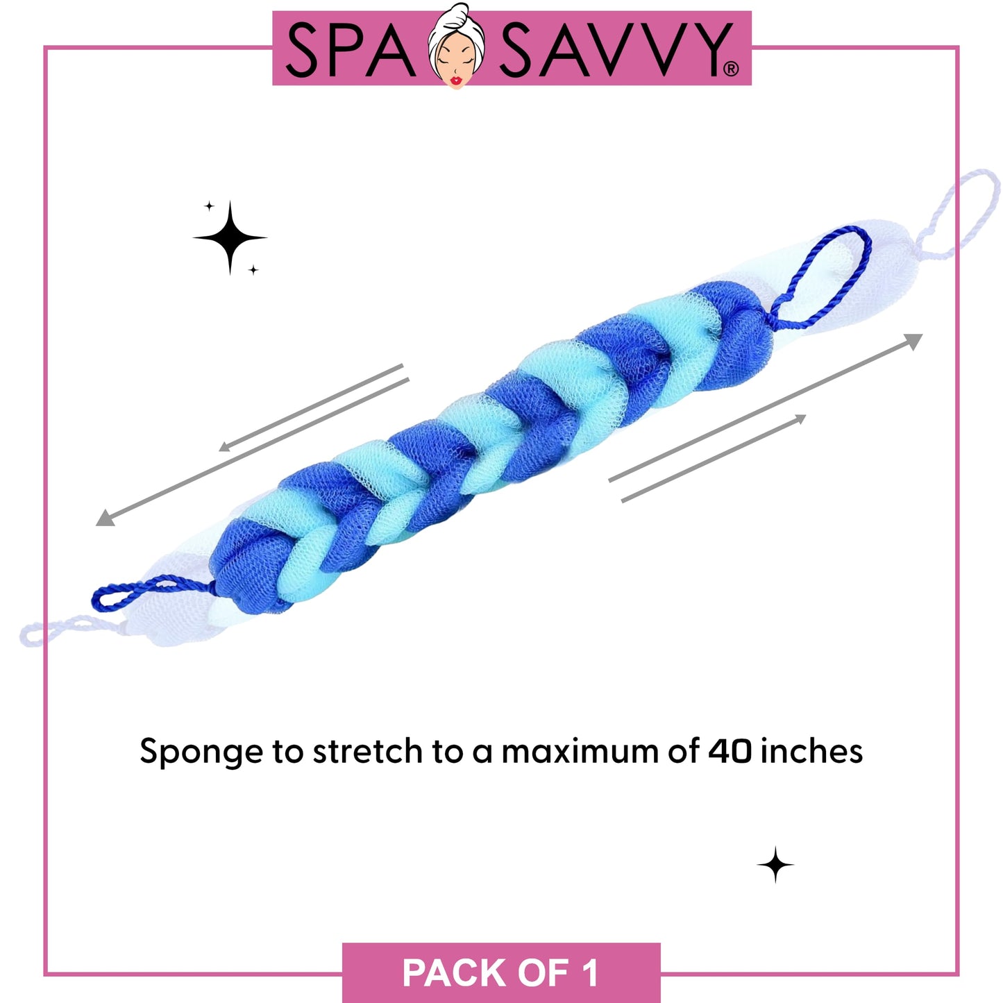 Spa Savvy Bath Loofah Back Scrubber, Long Stretch Mesh Shower Body Sponge with Rope Handles, Exfoliating Braided Pouf for Men and Women, Blue
