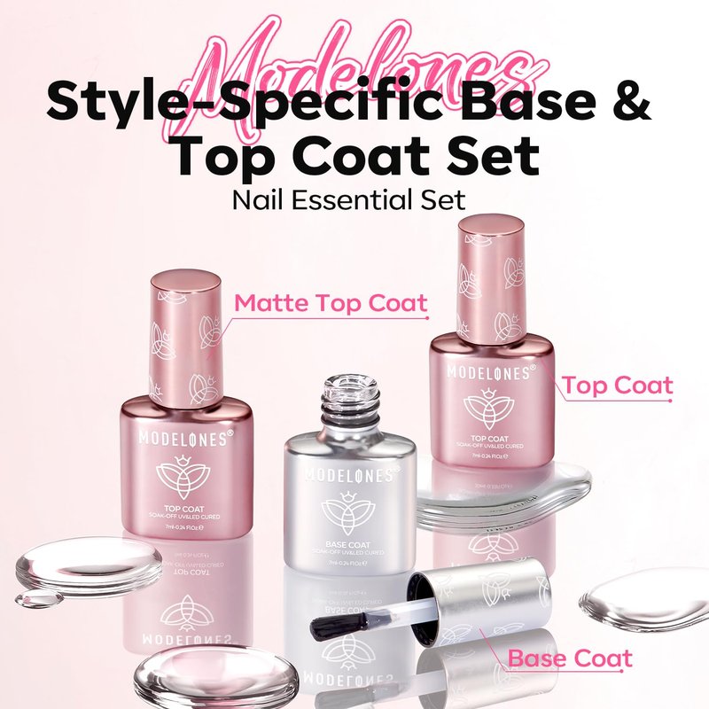 Modelones Gel Top Coat & Base Gel Polish Set - 3 PCS Clear Glossy & Chrome Proof Matte Finish | Pro Manicure Essential Kit for Women & Girls