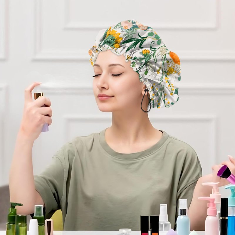 Cabreche Luxury Shower Cap Satin Silk Lined Adjustable Elastic Reusable Waterproof Shower Bath Cap Cute for Women Girls-Orange Flower