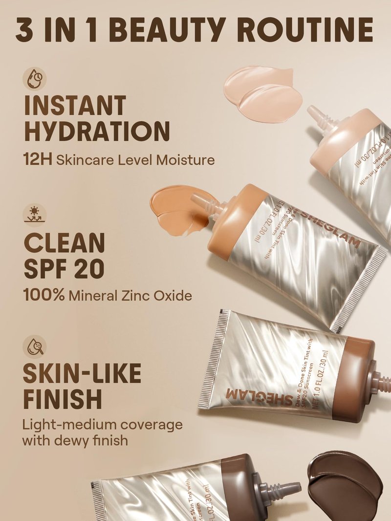 SHEGLAM Dew & Done Skin Tint with SPF20 Light-medium Coverage Foundation Evens Skin Tone-Chantilly