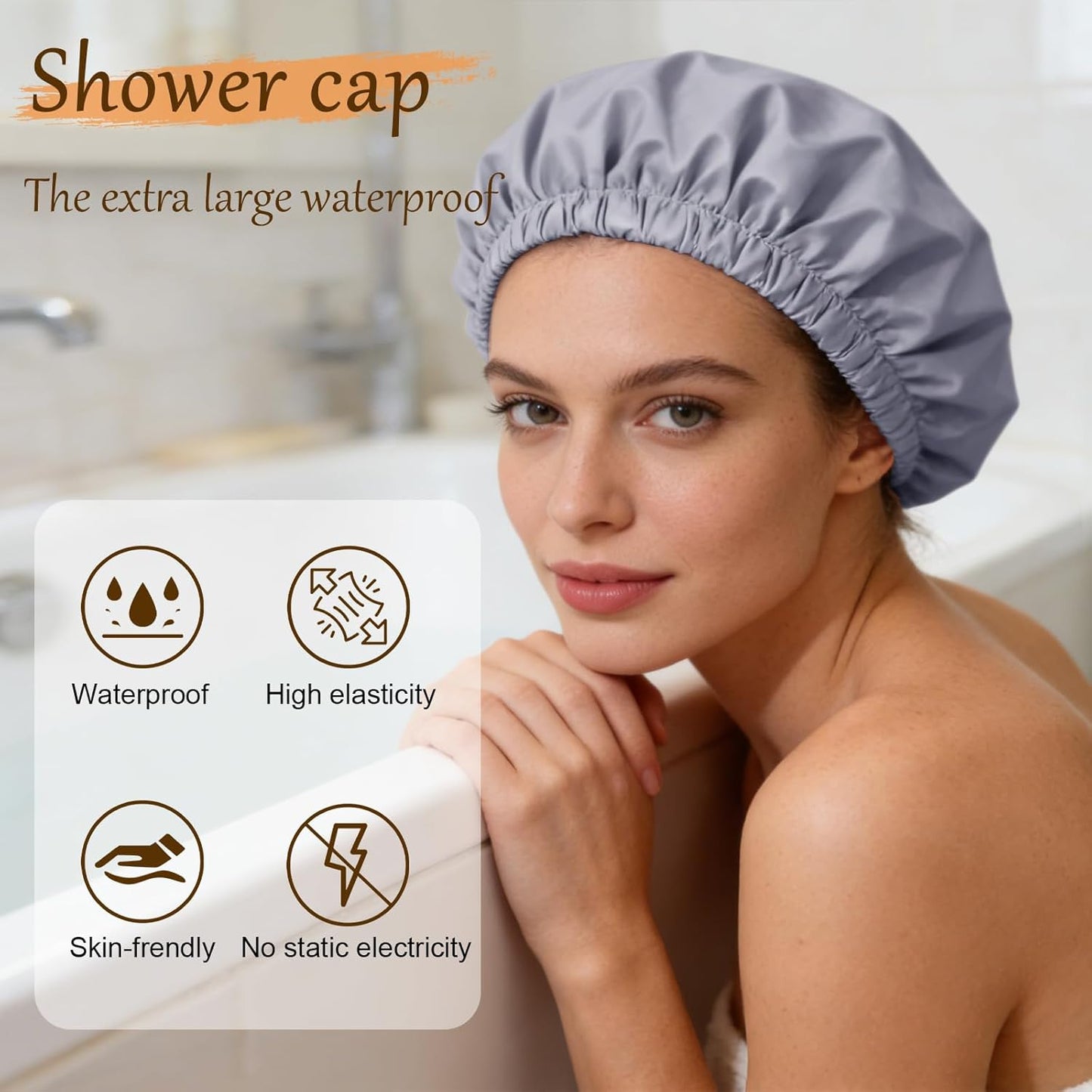 Skiennix Reusable Waterproof Shower Cap - Satin Lined with Soft Elastic Band | Large Grey Bath Cap