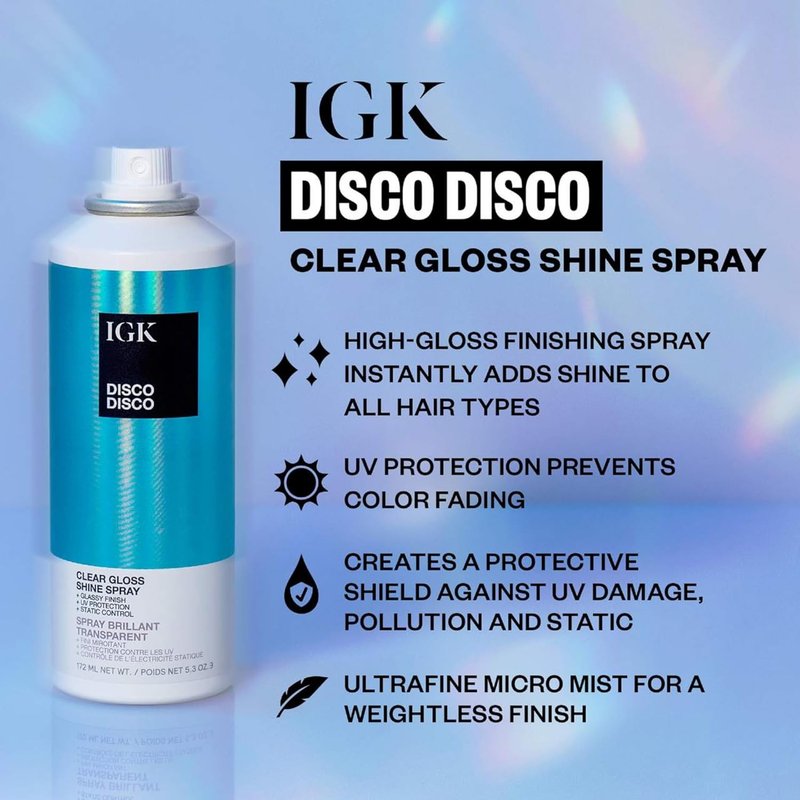 IGK Disco Disco Clear Gloss Shine Spray - High-Shine Finishing Spray with UV Protection | Vegan & Cruelty-Free