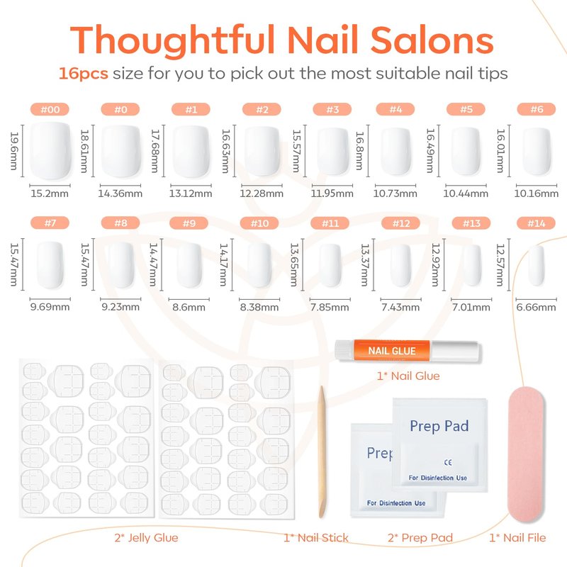 Modelones Pure White Press on Nails for Women, Summer Short Square Fake Nails, Reusable Nail Kit with Nail Glue Adhesive Tabs Mini Nail File, Nails Press Ons 32Pcs16 Sizes, Women Girl Gift