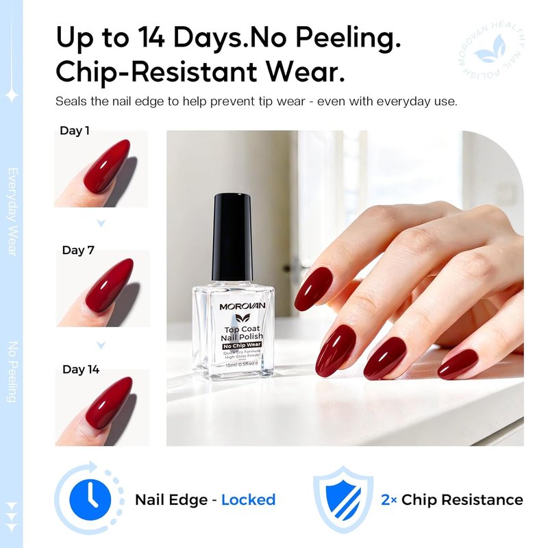 Morovan Top Coat Nail Polish - 14 Day No Chip Quick Dry Formula | High Gloss Clear Finish, 0.5 fl oz