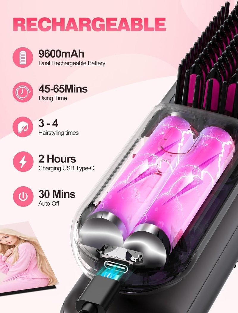 Cordless Hair Straightener Brush - Go Brush Pro for Short Hair | Travel-Friendly, 30s Fast Heat, 12 Temp Settings, Grey