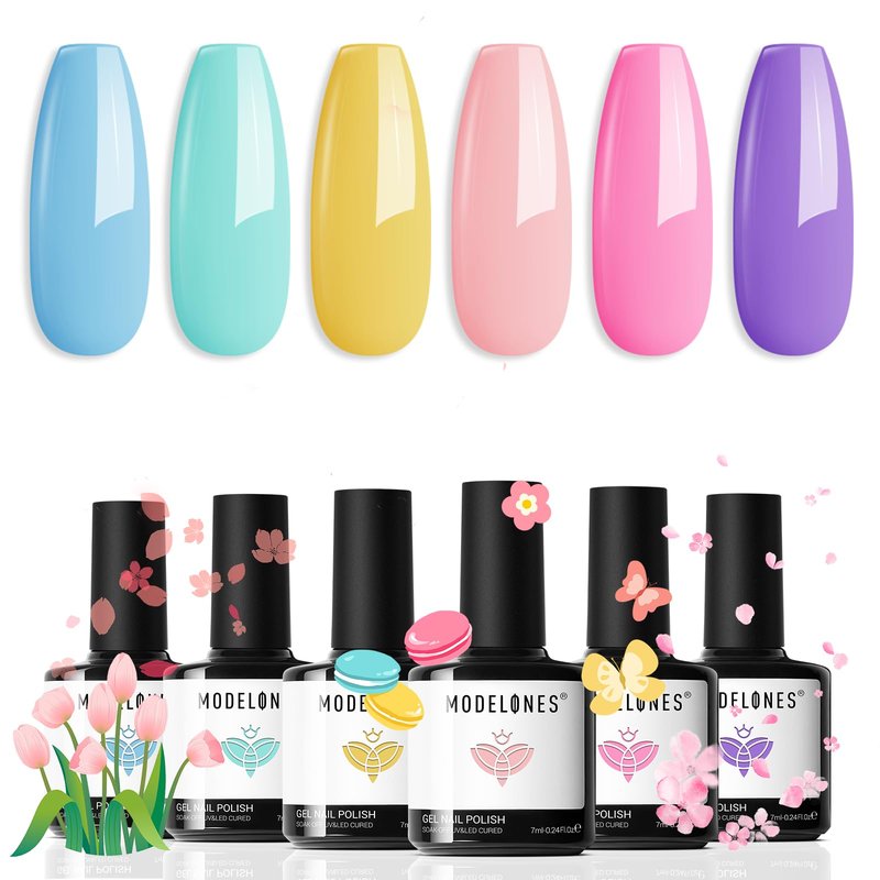 modelones Spring Pastel Gel Nail Polisht, 6 Colors Easter Pink Purple Blue Green Shades Macaron Colors Nail Art Gel Design for Women Girl Nail Lovers Gift Salon DIY