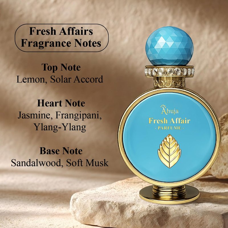 AHUJA Fresh Affairs – 3.4 oz Parfum | Unisex Floral Solar Scent | Long Lasting 30% Oil | Lemon, Jasmine, Frangipani, Ylang-Ylang, Sandalwood | Luxury Gift Box Packaging | “Some Light Stays With You”