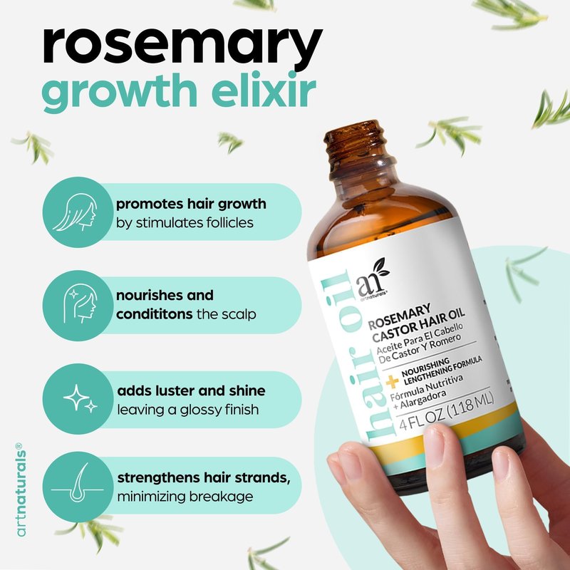 Artnaturals Organic Rosemary Castor Hair Oil + Massager Hair Growth Set Hair Growth Oil 4 ounces with Coconut & Olive Oil for Dry, Damaged & Split End