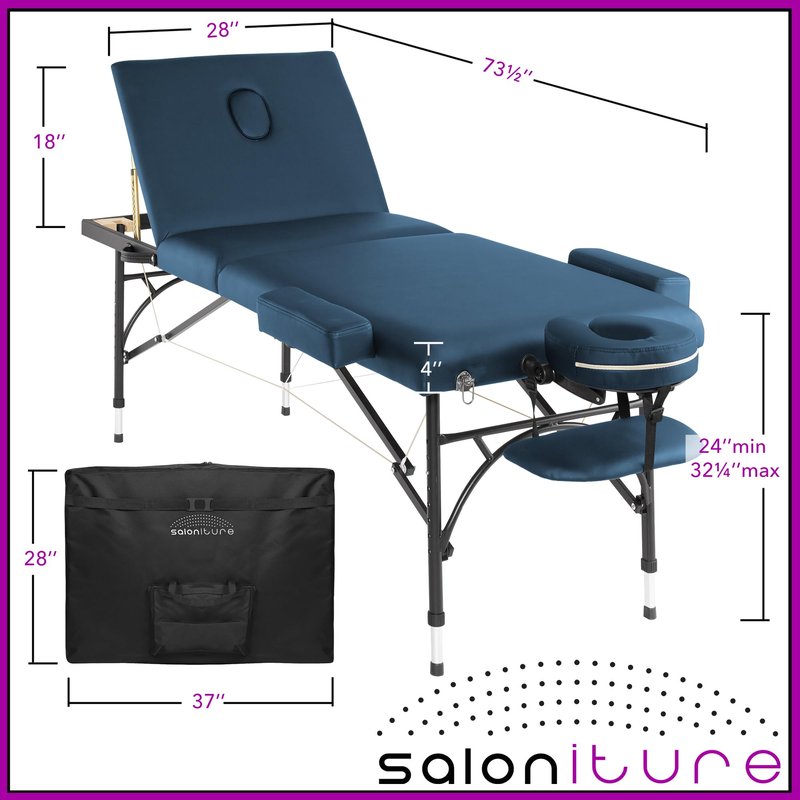 Saloniture Professional Portable Lightweight Tri-Fold Massage Table with Aluminum Legs - Includes Headrest, Face Cradle, Armrests and Carrying Case, Blue