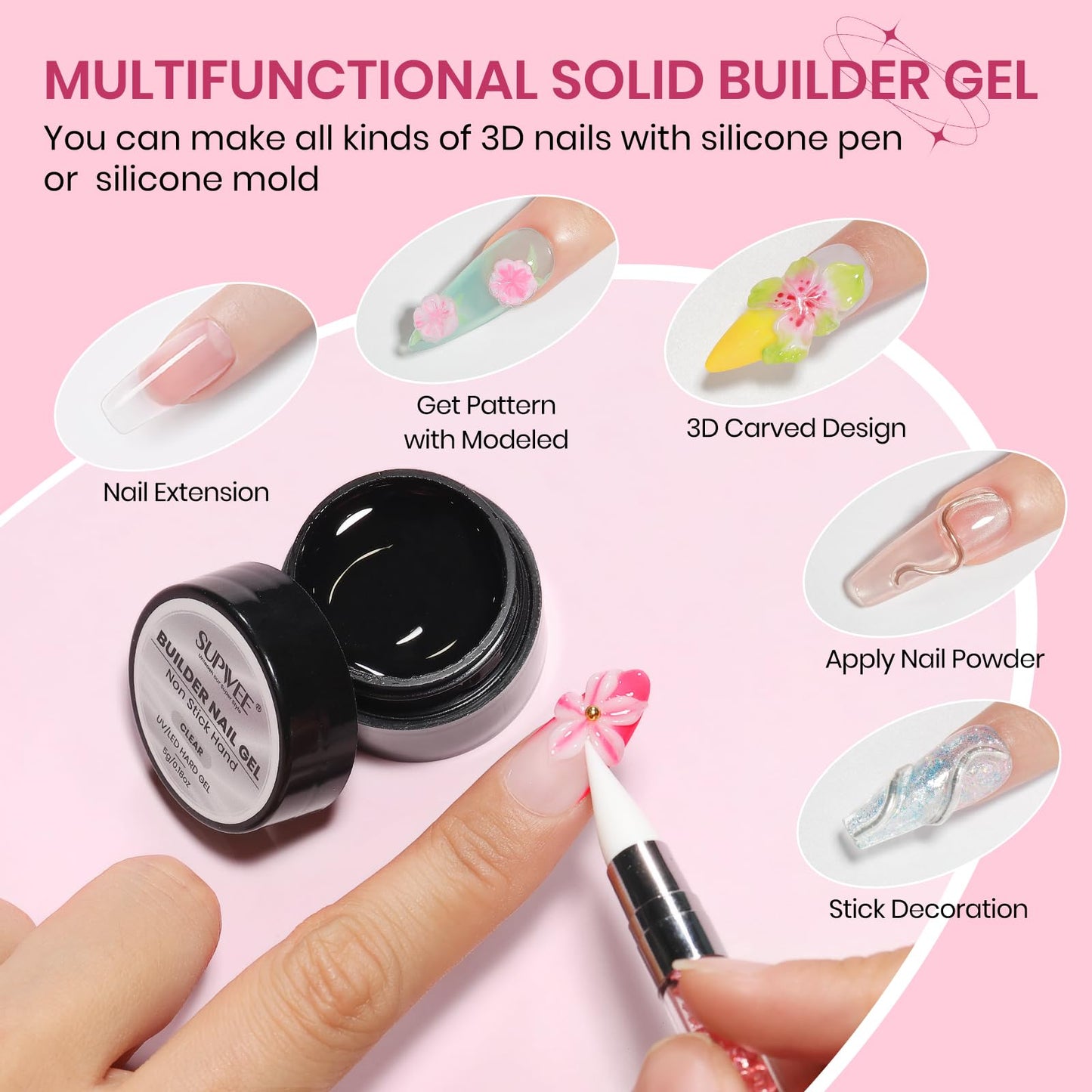 SUPWEE 3D Sculpting Gel for Nail Art, Clear and White Non Stick Hand Hard Gel for Nails Home Manicure, Nail Salon, Nail Charms, Extension, Carving, Molding, Solid Builder Gels