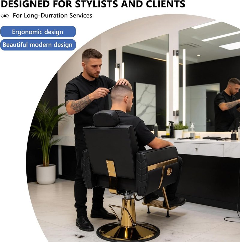 Ergonomic Reclining Barber Chair - Heavy-Duty Hydraulic Styling Seat | 550 LBS Capacity, Removable Headrest, Black