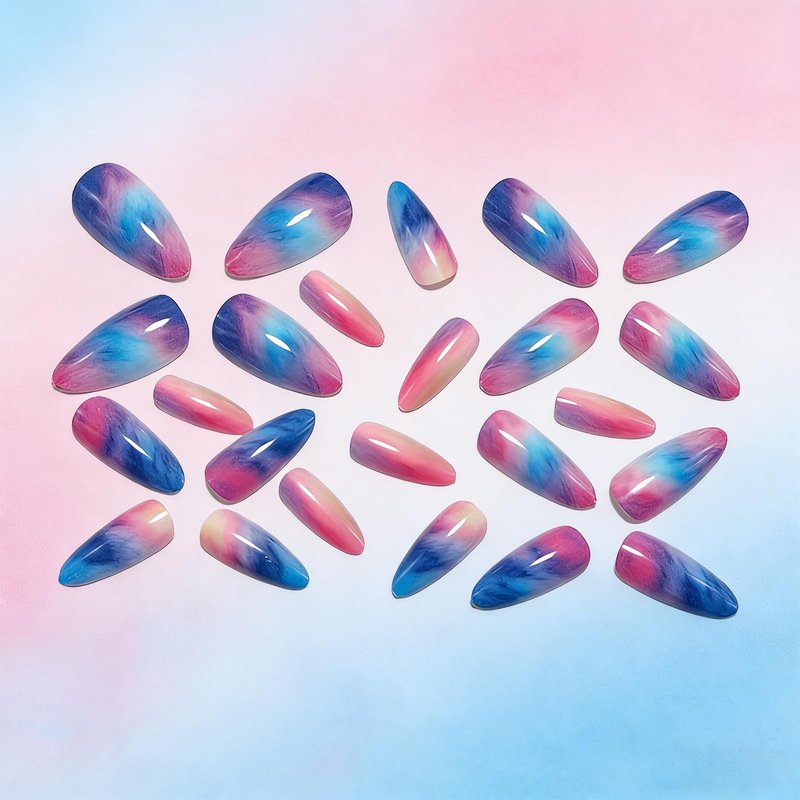 Colorful Gradient Press on Nails Medium Almond Fake Nails Summer Sunset False Nails Reusable Glossy Glue on Nail with Adhesive Stickers Full Cover Stick on Nail for Women 24Pcs
