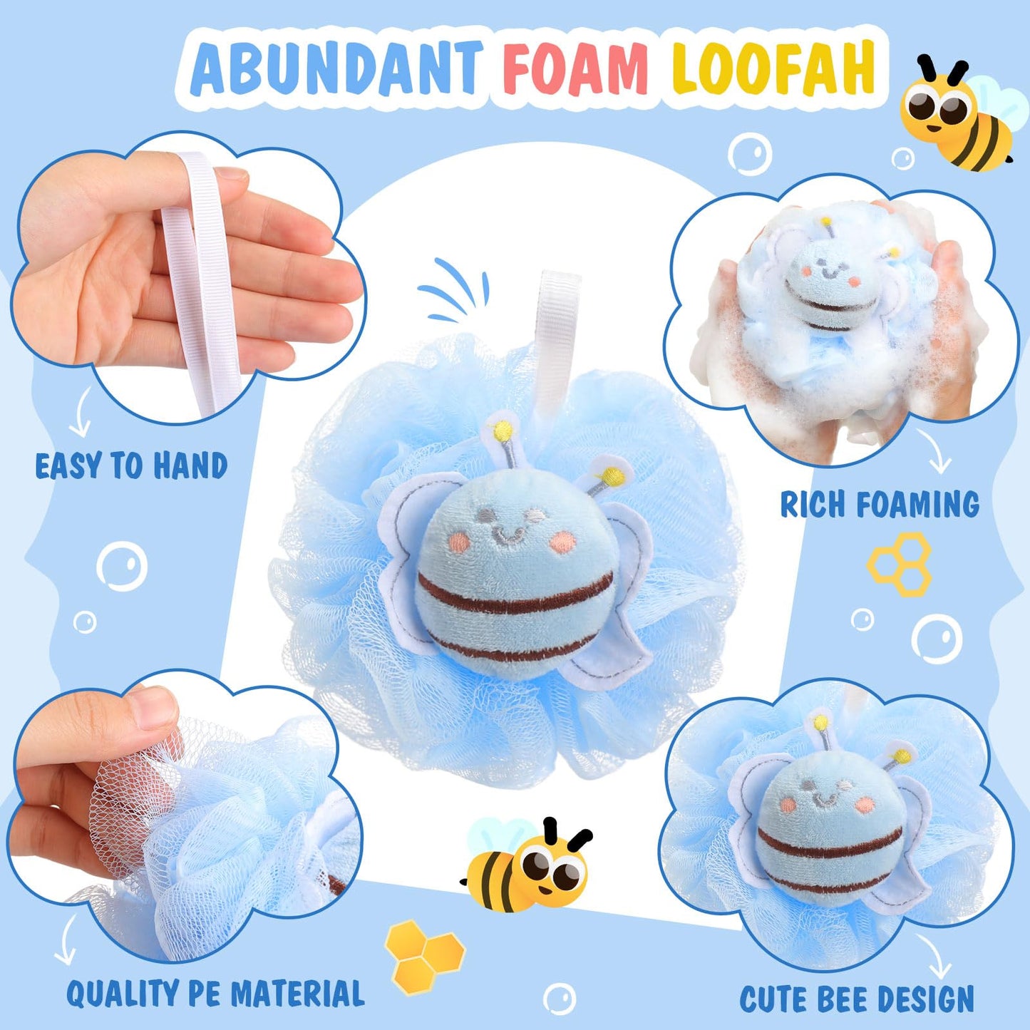 Reallnaive 4 Pcs Bee Bath Loofah Sponge Cartoon Body Scrubber Loofah Soft Mesh Exfoliating Bath Scrubber Shower Ball for Shower Sponge Gifts Exchange Birthday Party