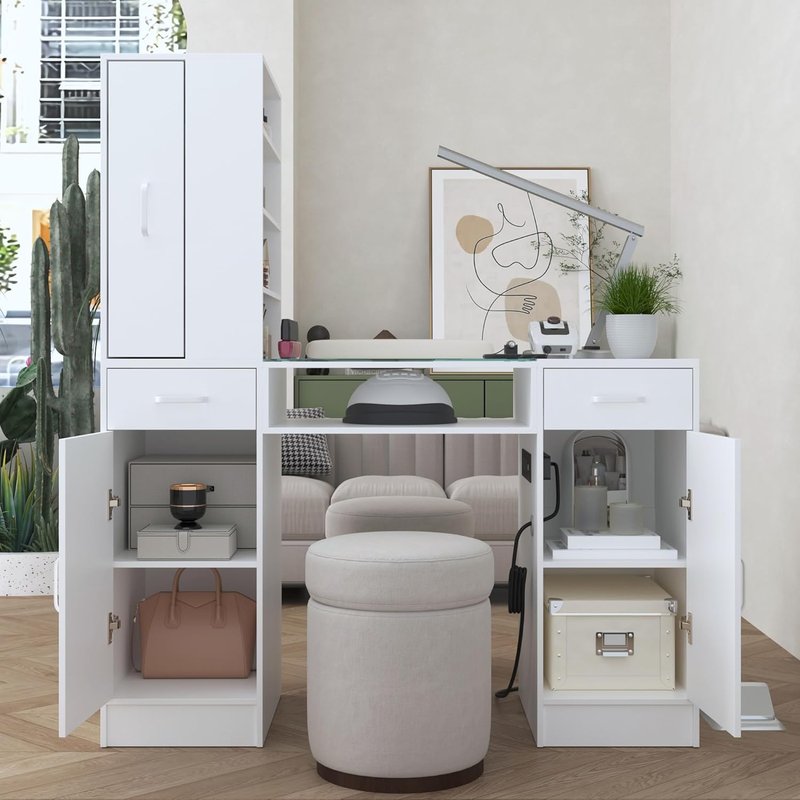 Nail Tech Manicure Table - Glass Top & Wrist Rest | Spacious Storage, Power Outlets, White