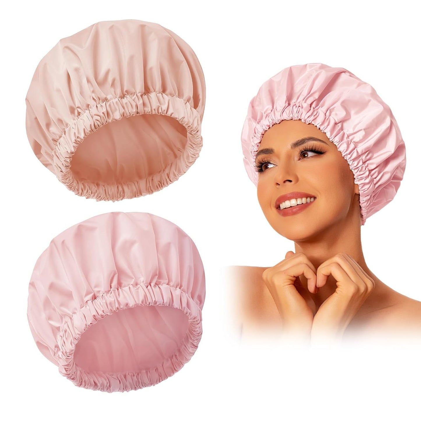 Skiennix Reusable Shower Cap - Large Waterproof Hair Bonnet with Elastic Band for Long, Curly Hair | Pink & Beige