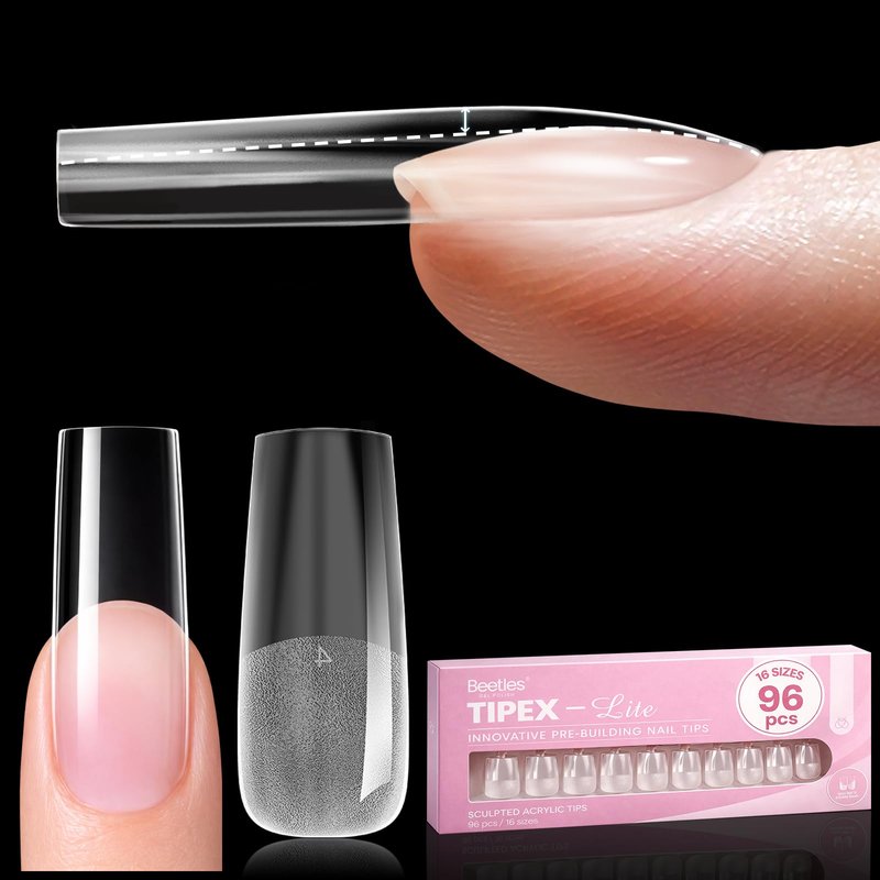 Beetles Tipex Lite Instant Apex Nail Tips, Long Square Gel Nail Tips, 16 Sizes 00-14, Built-in Apex for Natural Fit, Beginner-Friendly DIY Nail Extensions