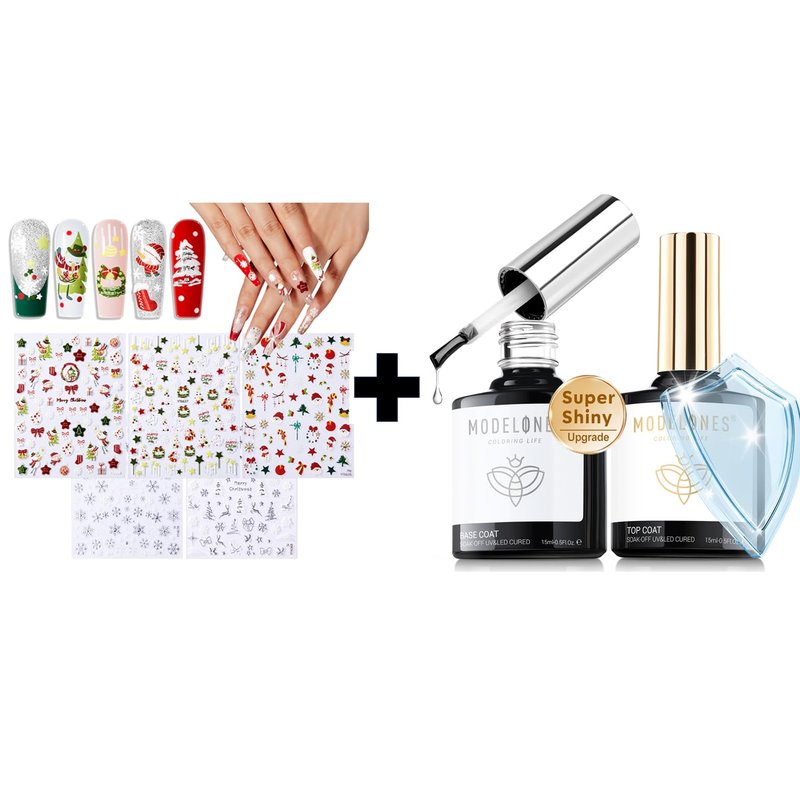 Modelones Gel Top Coat - 15ml Super Shiny Base & Top Coat Set with Christmas Nail Stickers