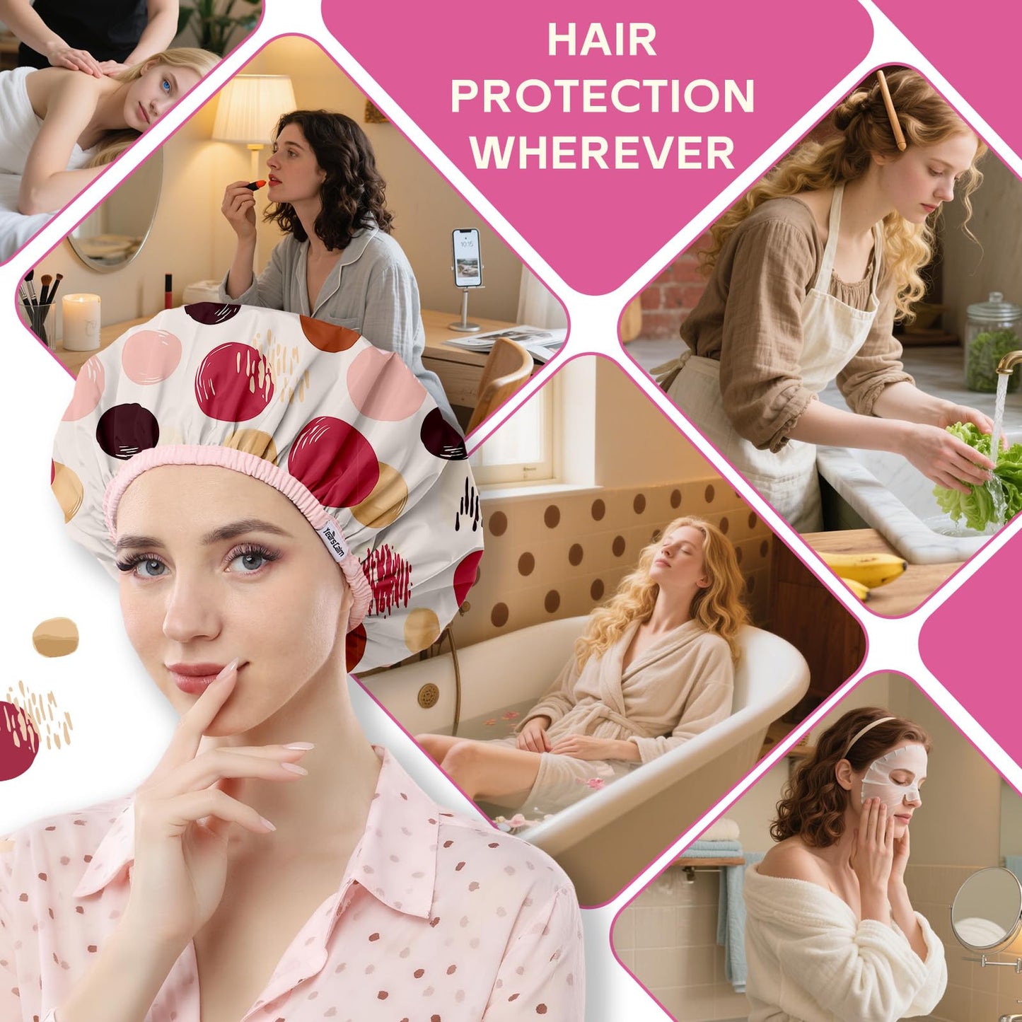Years calm Waterproof Shower Cap for Women - Double-Layer Reusable Bath Cap with Elastic Band for Long/Short/Curly/Braids Hair, Washable & Travel-Friendly, Fit for Shower, Spa (Beige Shower Cap)