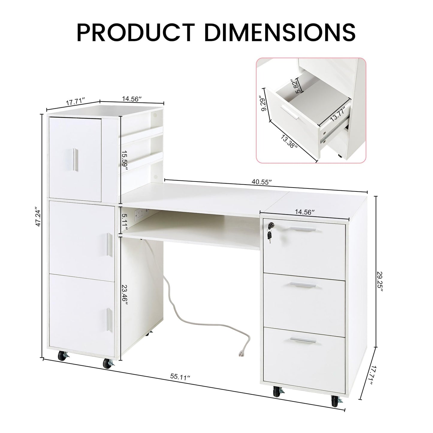 WLLPNG 55.1" Rolling Nail Table for Nail Tech, Manicure Table with Storage and Power Outlet, Portable Nail Desk with Drawers for Professional Beauty Salon Home (White)
