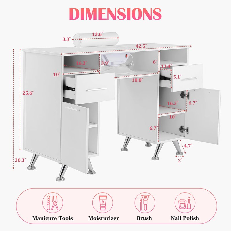 Hicomony Manicure Table Nail Desk with Storage, Professional Nail Tech Desk,with Upholstered Leather Cabinets, Crystal Tufted Modern Nail Salon Desk Table for Beauty Studio