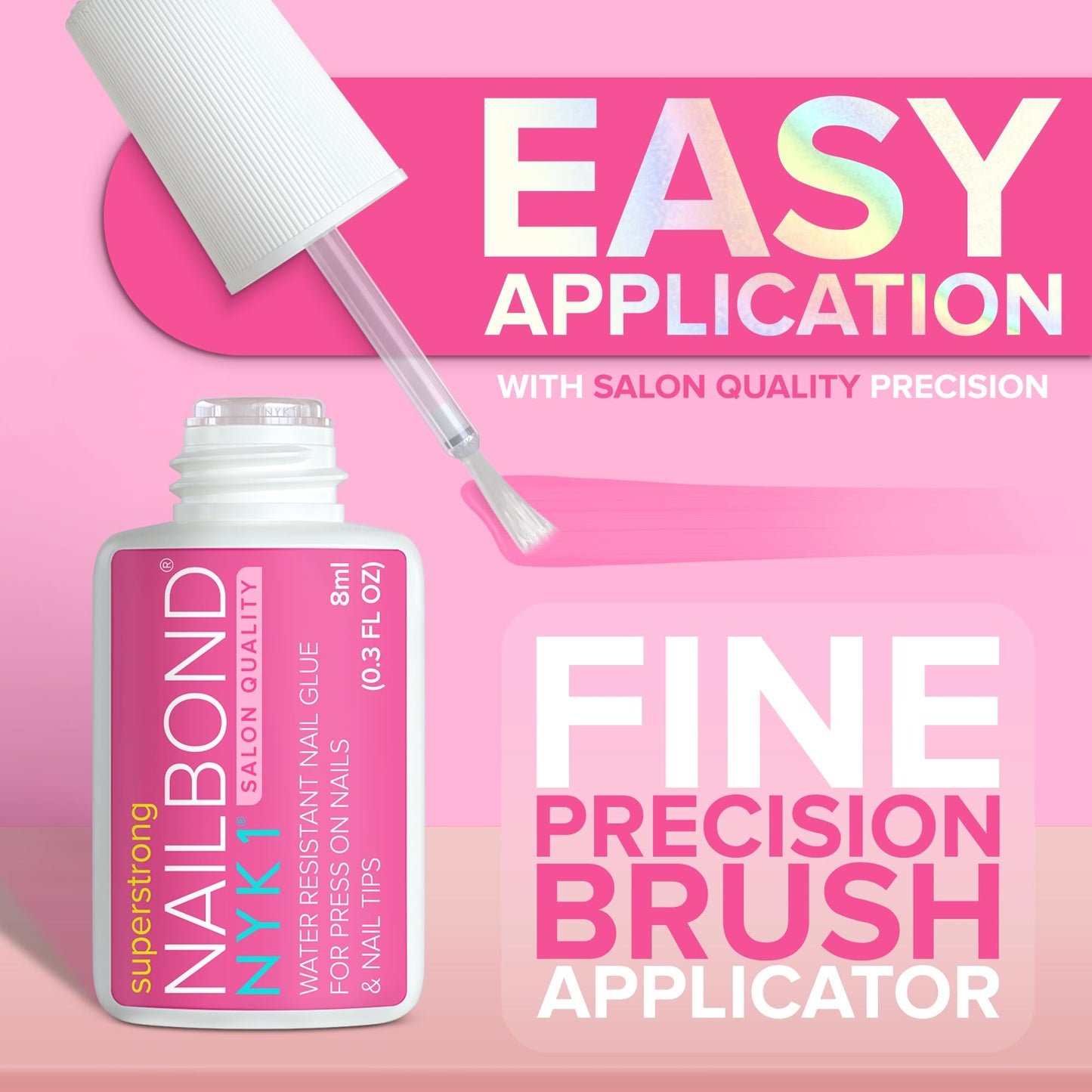 Super Strong Nail Glue for Press On Nails, Nail Tips & Acrylic Nails (8ml) NYK1 NailBond Brush On Glue for Press Ons, Tips & Acrylics - Long Lasting, Maximum Strength, Mess-Free Application