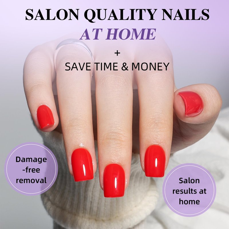 Red Press On Nails Short Square, Bright Red Glossy Fake Nails with Nail Glue for Women, Reusable Glue On Nails Kit, 30 PCS in 15 Sizes