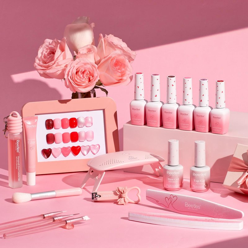 Beetles 30 Pcs Gel Nail Polish Kit with U V Light - 6 Colors Red Cat Eye Gel Polish Set Pink Jelly Glitter Sweet Date Collection with Heart Magnet Manicure DIY Salon Gifts for Mom Women